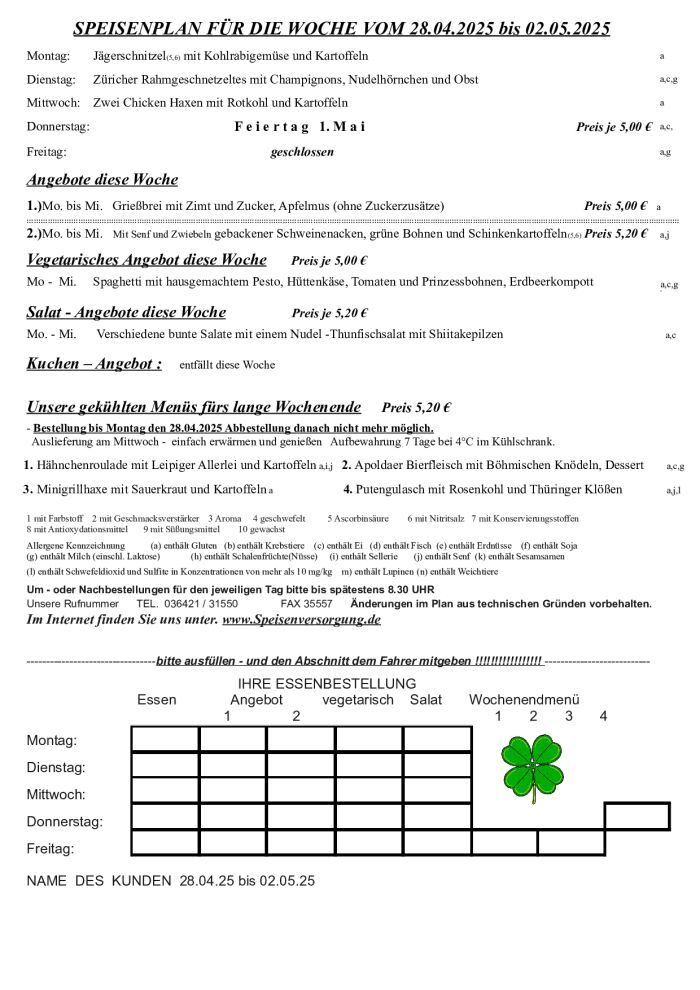 Der Speiseplan der aktuellen Woche